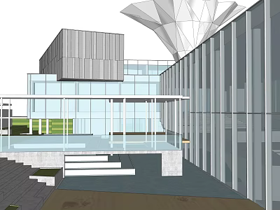 Modern Sales Office Building Featuring Glass Curtain Wall And Geometric Design Elements 3d model