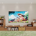 Wooden TV Stand With Large Screen TV Displaying Animated Scene And Bookshelves With Decor Items