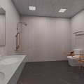 Modern Other Restroom Interior with Light Tiled Walls Dark Floor White Sink Mirror and Toilet