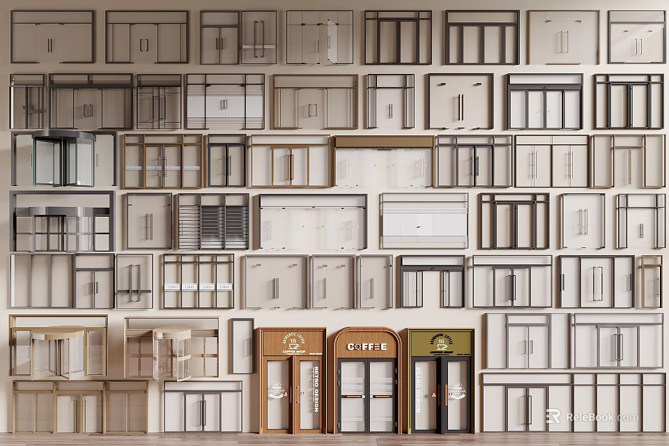 Various Door And Window Samples Display On Wall With Cafe Entrance Designs 3d model 