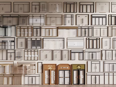 Various Door And Window Samples Display On Wall With Cafe Entrance Designs 3d model