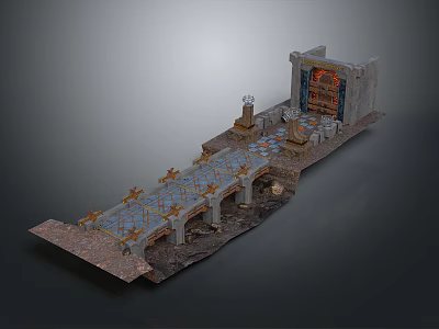 Cartoon Scene Featuring Long Bridge With Decorative Patterns Temple Structure And Statues On Stone Pavement 3d model