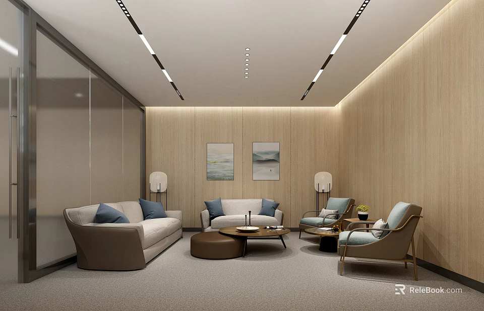 Modern Office Interior With Lounge Area Sofa Armchairs Coffee Table Wooden Walls Decorative Paintings And Ceiling Lights 3d model 