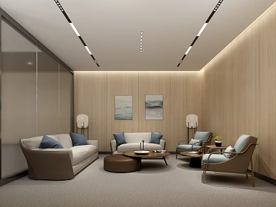 Modern Office Interior With Lounge Area Sofa Armchairs Coffee Table Wooden Walls Decorative Paintings And Ceiling Lights 3d model