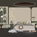 Cozy Bedroom Interior Design With Round Ceiling Light Beige Walls Bed Pillows And Stuffed Toys