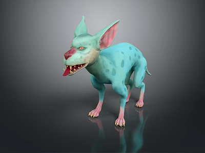 Teal Spotted Creature With Large Ears Red Eyes And Sharp Teeth In Standing Pose 3d model