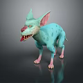 Teal Spotted Creature With Large Ears Red Eyes And Sharp Teeth In Standing Pose