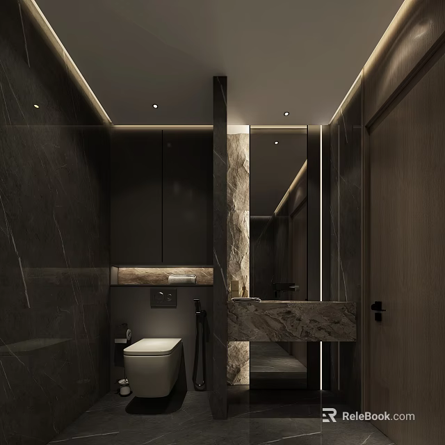 Modern Other Bathroom Interior With Marble Vanity Mirror And Recessed Lighting Design 3d model 