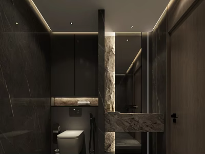 Modern Other Bathroom Interior With Marble Vanity Mirror And Recessed Lighting Design 3d model