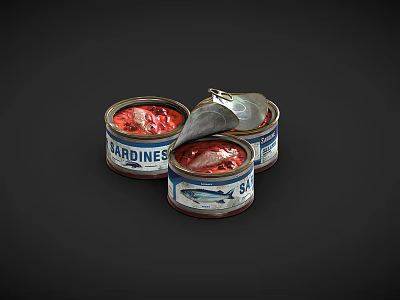 Opened Canned Sardines With Red Meat In Three Tin Cans 3d model