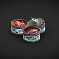 Opened Canned Sardines With Red Meat In Three Tin Cans