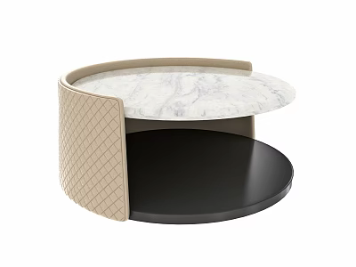 Modern Round Side Table With White Marble Top Woven Beige Panel And Black Lower Shelf 3d model