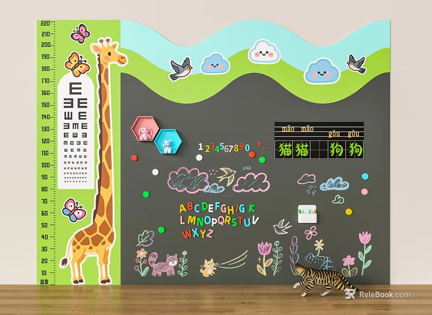 Kids Educational Wall Decor with Giraffe Animals Alphabets Numbers Clouds Butterflies Height Chart and Blackboard 3d model 