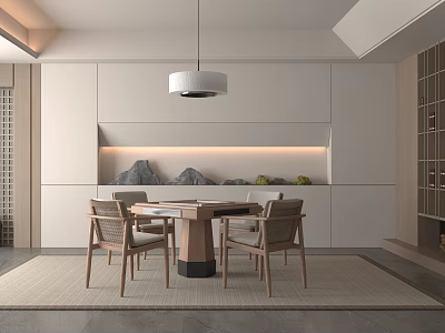 Minimalist Style Entertainment Room Interior With Chairs Table And Rock Decor 3d model