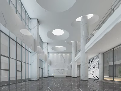 Modern Lobby Reception Desk Design With Marble Columns And Circular Ceiling Lights 3d model