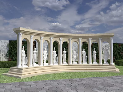 Park Landscape Featuring Arcaded Column Structure With White Statues Green Lawn And Cloudy Sky 3d model