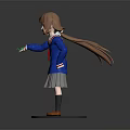 Anime Style Game Character With Brown Hair Yellow Eyes Blue Jacket And Gray Skirt