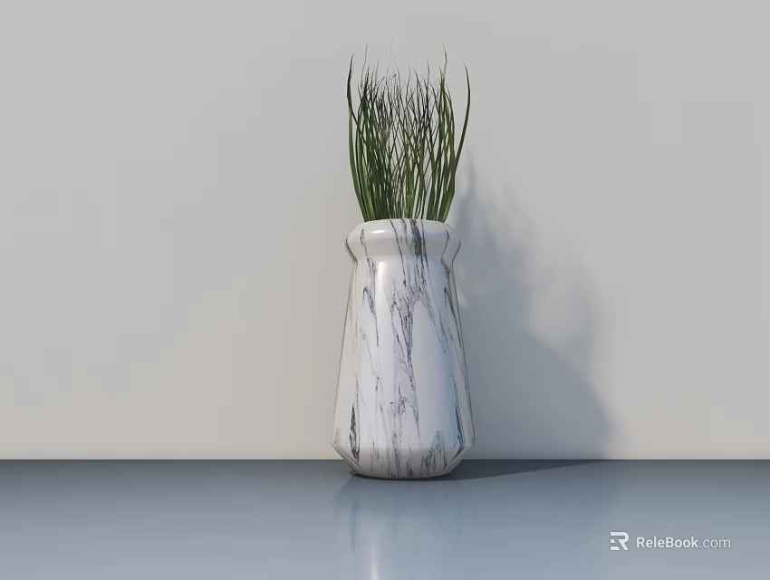 Green Grass Bonsai Plant in White Marble Vase on Gray Tabletop with Light Wall 3d model 