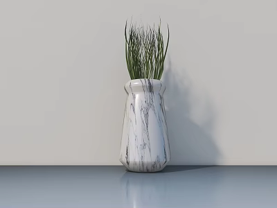 Green Grass Bonsai Plant in White Marble Vase on Gray Tabletop with Light Wall 3d model