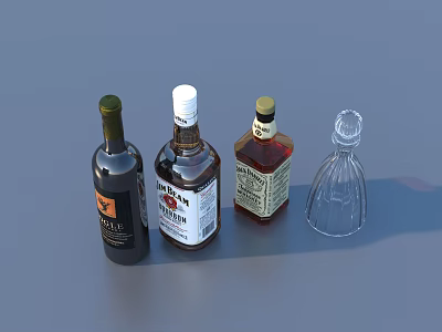 Assorted Wine Bottles And Clear Glass Cup Placed On Flat Surface 3d model