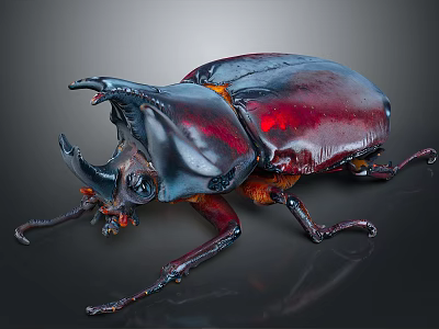 Detailed Rhinoceros Beetle With Large Horn Red And Black Metallic Body On Dark Background 3d model