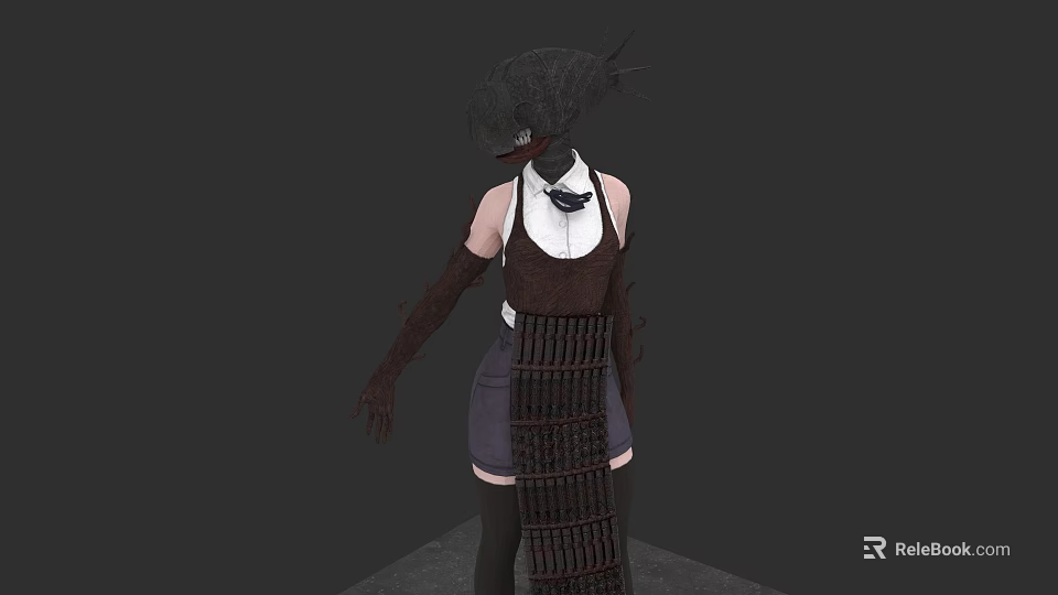 A Woman in Dark Headpiece White Shirt and Brown Apron with Long Gloves 3d model 