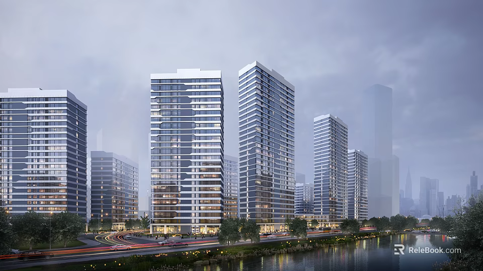 Modern Riverside High Rise Residential Buildings with Glass Curtain Walls Roads Trees and City Skyline 3d model 