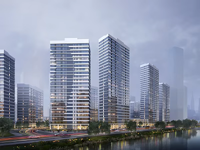 Modern Riverside High Rise Residential Buildings with Glass Curtain Walls Roads Trees and City Skyline 3d model