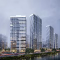Modern Riverside High Rise Residential Buildings with Glass Curtain Walls Roads Trees and City Skyline