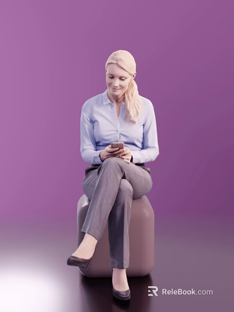Woman Sitting On Brown Stool Using Mobile Phone In Light Blue Shirt And Gray Pants 3d model 
