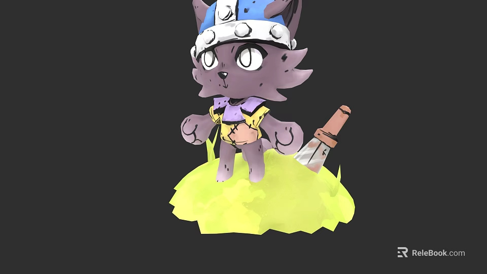 Feline Game Movie Character Wearing Helmet With Tattered Clothing Holding Dagger On Grass 3d model 