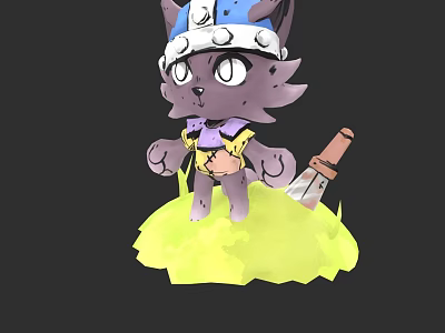 Feline Game Movie Character Wearing Helmet With Tattered Clothing Holding Dagger On Grass 3d model