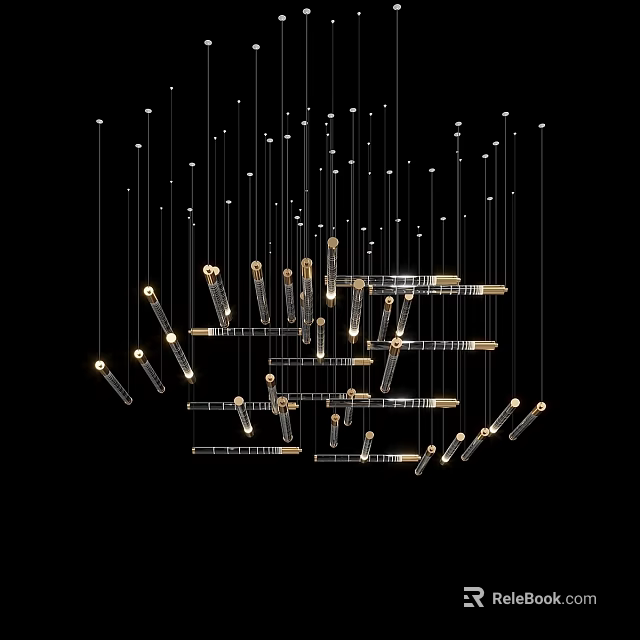 Modern Contemporary Chandelier Design With Hanging Glass Metal Strips And Illuminated Lights 3d model 