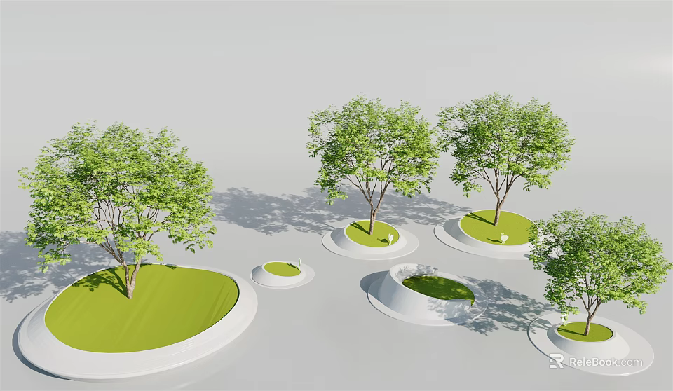 Multiple Circular Tree Planters With White Borders Green Lawns And Trees For Modern Outdoor Design 3d model 