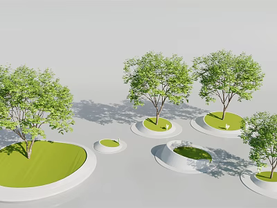 Multiple Circular Tree Planters With White Borders Green Lawns And Trees For Modern Outdoor Design 3d model