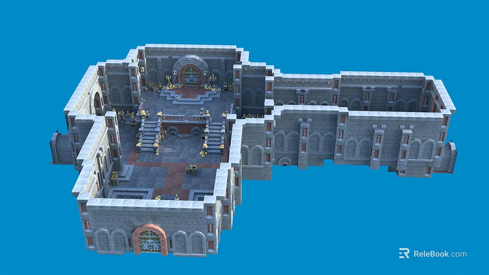 Detailed Cartoon Castle Scene With Stone Structure Arches Steps And Courtyard On Blue Background 3d model 