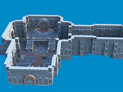 Detailed Cartoon Castle Scene With Stone Structure Arches Steps And Courtyard On Blue Background 3d model