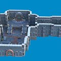 Detailed Cartoon Castle Scene With Stone Structure Arches Steps And Courtyard On Blue Background