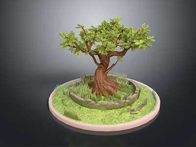 Bonsai Tree With Brown Trunk Green Leaves And Grass Around Stone Wall On Circular Base 3d model