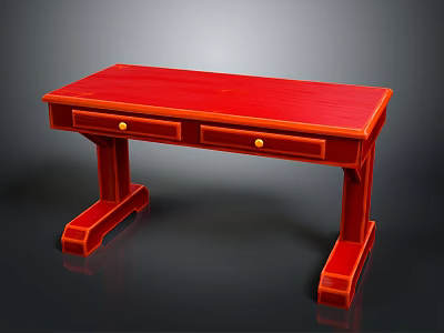 Red Wooden Desk Furniture With Two Drawers And Golden Handles Classic Design For Home Office 3d model