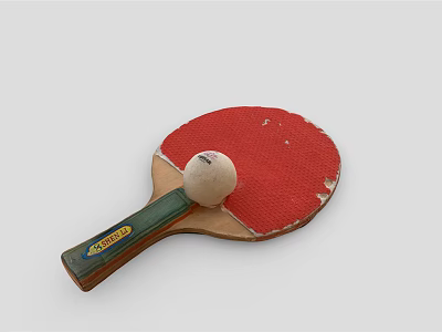Worn Red Table Tennis Racket With Green Handle Yellow Label And White Ping Pong Ball 3d model