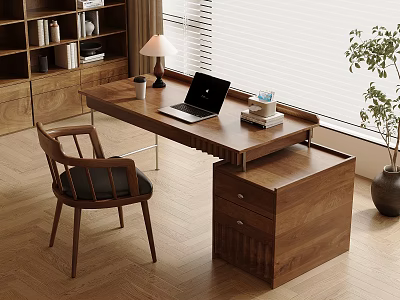 Wooden Desk With Laptop Lamp Coffee Cup And Books Near Window Chair And Plant 3d model