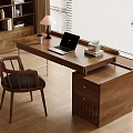 Wooden Desk With Laptop Lamp Coffee Cup And Books Near Window Chair And Plant