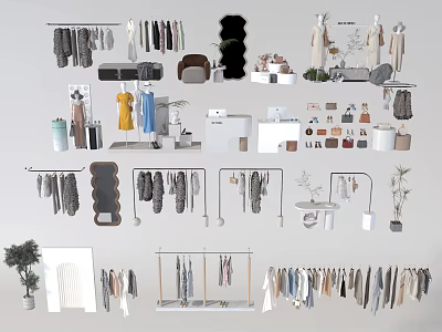 Clothing Display With Hangers Mirrors Bags And Plants In Retail Setup 3d model