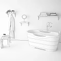 White Bathtub With Faucet In Modern Bathroom With Marble Floor Shelves Towels Plant And Mirror