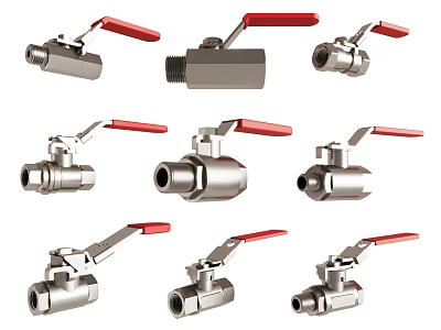 Various Pipeline Ball Valves Featuring Stainless Steel Construction And Red Operating Handles 3d model