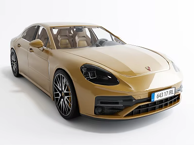 Golden Porsche Panamera Luxury Sedan With Black Wheels And Brown Interior 3d model