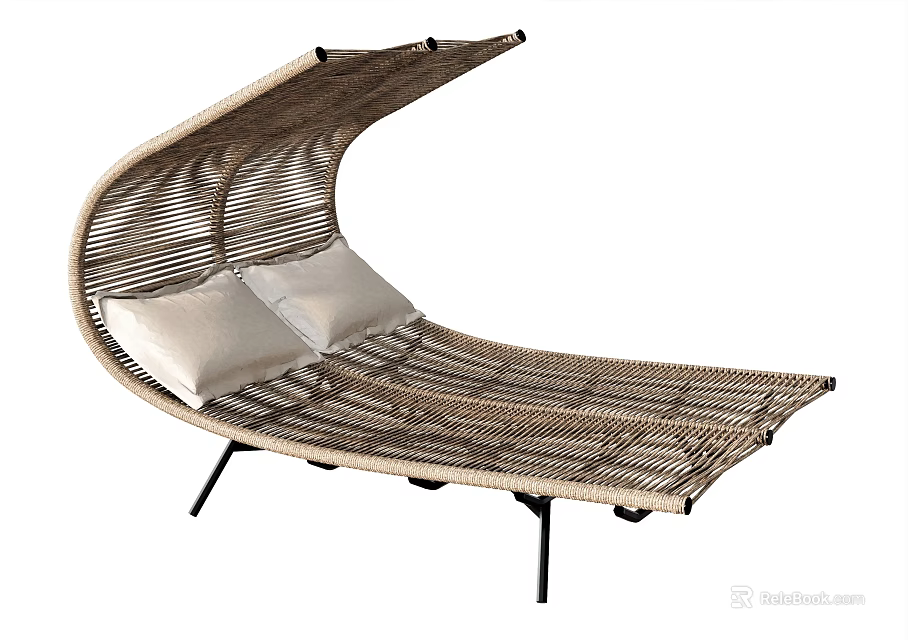 Woven Rattan Lounge Chair With Curved Design Light Cushions And Black Metal Legs 3d model 