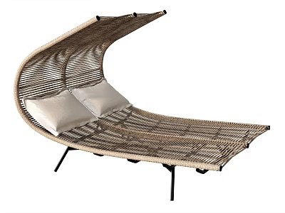 Woven Rattan Lounge Chair With Curved Design Light Cushions And Black Metal Legs 3d model