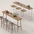 Modern Wooden Bar Counter With Stools Potted Plant And Tabletop Decor Items